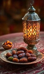 Succulent dates arranged near glowing arabic lantern, presenting traditional ramadan iftar setting with warm, inviting atmosphere