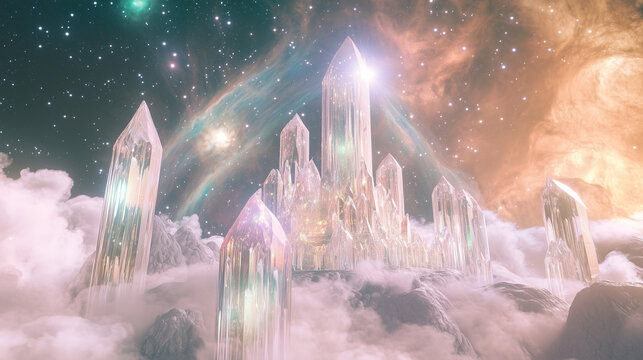 Crystals in a magical, dreamlike fantasyland with ethereal clouds and sparkling luminescent lights