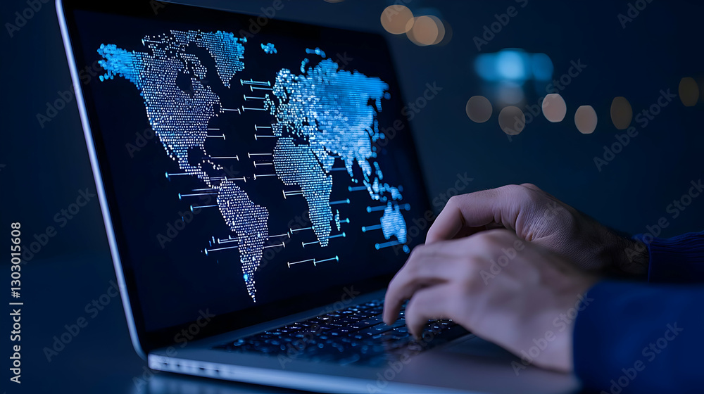 Poster man working on laptop displaying world map with digital data