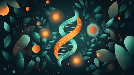 An imaginative bohemian flat illustration for National DNA Day, featuring a DNA helix woven into a mandala-like design, surrounded by floating abstract shapes and glowing orbs