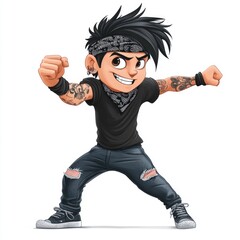 Cartoon character in Japanese style: 20's male with tattoos on his arms, spiky black hair, wearing a bandana and black t-shirt with jeans