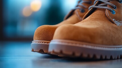 Close-up of brown suede work boots