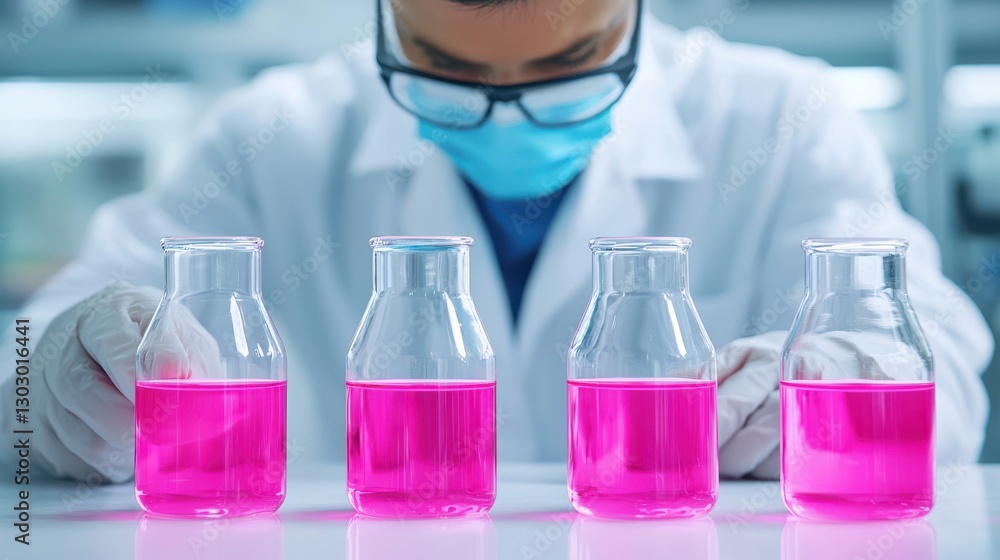 Poster laboratory titration concept. experiment with color change from pink to unknown solution