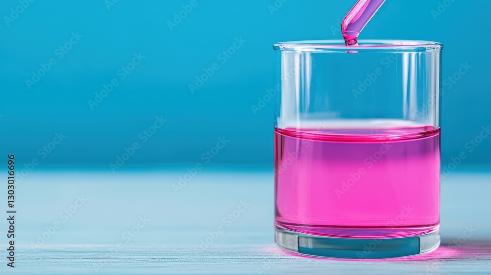 Poster laboratory titration concept. experiment with pink indicator turning transparent on blue backdrop