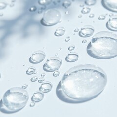 Clear Water Drops with Diffused Reflection of Shining Light on a White Background, Creating a Fresh and Transparent Texture