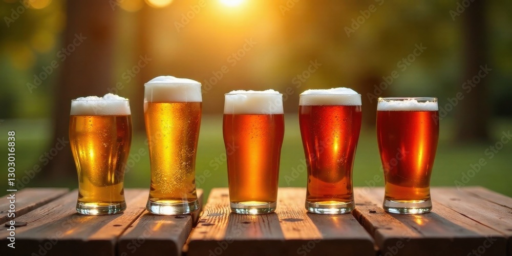 Poster golden hour pint perfection five frothy ales bask in the sunset's glow on a rustic wooden table
