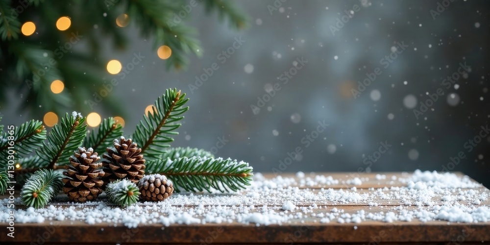 Poster winter wonderland scene snow-dusted pine branches and pinecones on rustic wooden surface with soft b