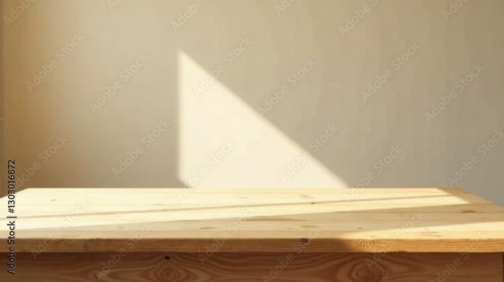 Aufkleber Sunlight illuminates a rustic wooden table against a neutral backdrop, offering a serene and minimalist display space.