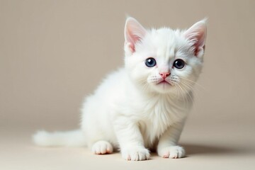 Sweet white kitty with pink nose on neutral background, adorable, grey