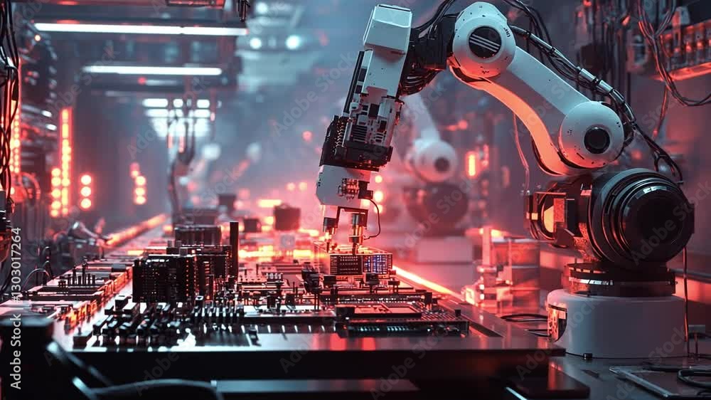 Poster a robotic arm assembling electronics under precise led lighting in a futuristic factory
