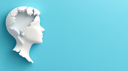 Sculpted head silhouette on blue background with cracks.