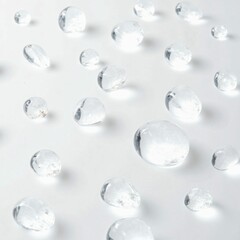 Clear Water Drops with Diffused Reflection of Shining Light on a White Background, Creating a Fresh and Transparent Texture