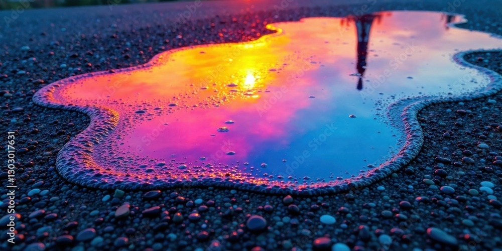 Poster sunset reflected in a small puddle on a pebble surface showing vibrant colors and bubbles