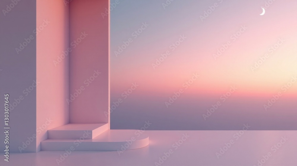 Aufkleber serene minimalist display platform at dusk with pastel hues and crescent moon