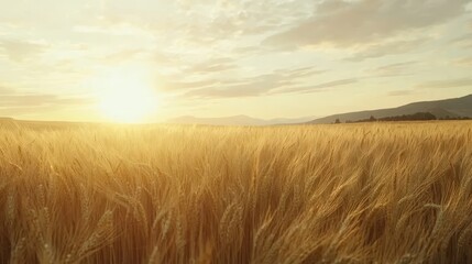 Obraz premium Golden wheat field bathed in sunrise light against a breathtaking dusk landscape
