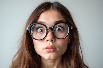 A quirky young woman with long brown hair wearing oversized thick round glasses, making a funny duck face expression.