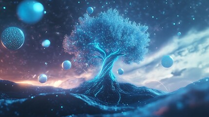 Obraz premium Luminous Celestial Tree: A Digital Fantasy Landscape