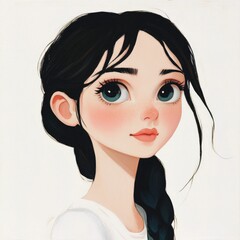 cartoon girl,cartoon lithograph style,extremely simple portrait,white background 