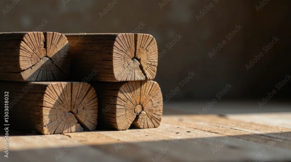 Fototapete sunlit stack of weathered wooden logs showing intricate grain patterns and natural texture on rustic