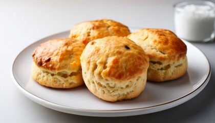 freshly baked scones on a plain white plate. No additional elements, just the scones and the plate, presented in a clean, minimalistic style. The scones should look golden brown and delicious, with a