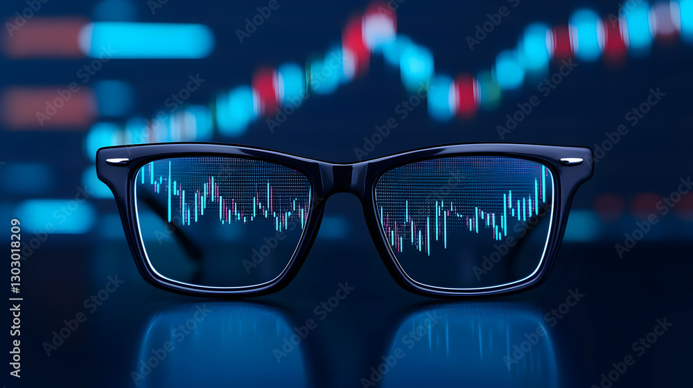 Poster glasses with reflective data visualizations and stock charts