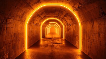 Fototapeta premium 4. Dark Corridor with Orange Neon Lighting in 3D Render