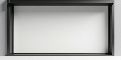 Obraz premium Blank storefront window display with a sleek, modern black frame, perfect for showcasing merchandise or advertisements.