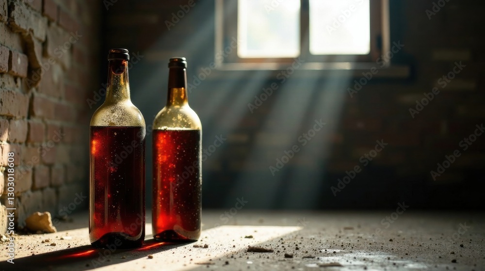 Poster Sunbeams illuminate two dark bottles of liquid resting on a dusty floor in a dimly lit cellar.