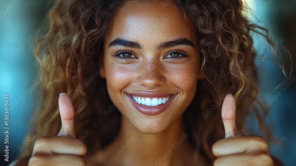 Poster smiling individual expressing positivity and confidence through a thumbs up gesture symbolizing appr