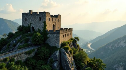 Ancient Stone Fortress Perched on a Mountaintop Overlooking a Winding Road and Serene Valley Landscape at Sunset