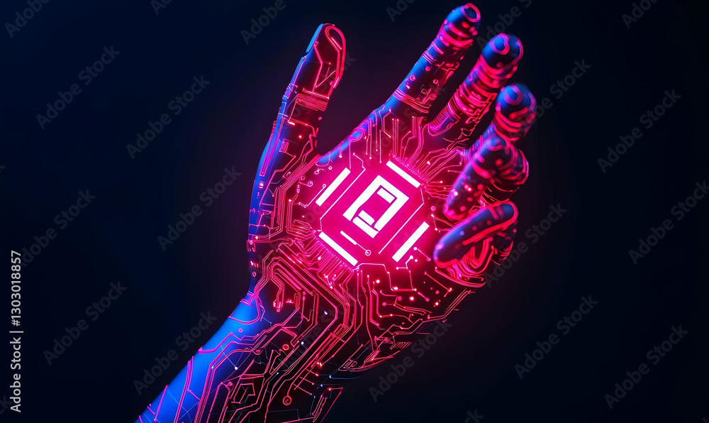 Poster futuristic human hand with circuit patterns and glowing elements