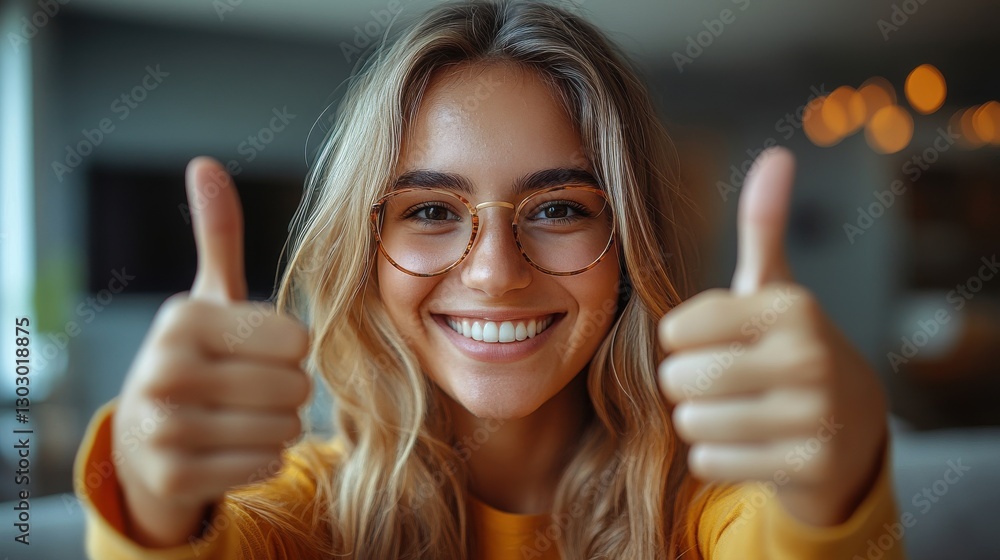 Poster smiling individual expressing positivity and confidence through a thumbs up gesture symbolizing appr
