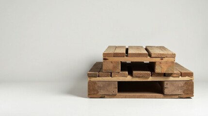 Obraz premium Rustic Wooden Pallets Stacked Against a Simple Background, Ideal for Product Display or Creative Projects