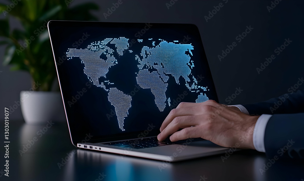 Poster high-tech laptop displaying world map with user's hand in focus