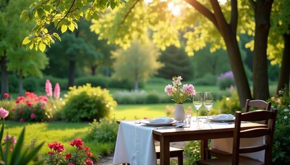 Peaceful outdoor dining setting with empty table amidst lush spring garden, Spring, empty