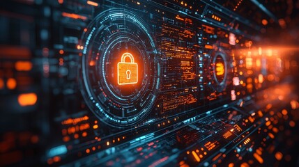 Glowing Orange Security Lock Symbol in Futuristic Digital Interface