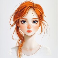 cartoon girl,cartoon lithograph style,extremely simple portrait,white background 