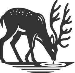 A deer with its head lowered, drinking from a stream animal silhouette vector
