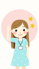 cheerful girl in a polka dot dress waving hello