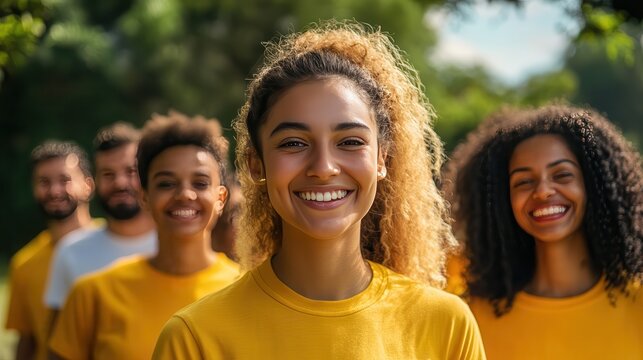 Happy, volunteer and portrait of people in park for charity event, community service and teamwork. Volunteering, happy and men and women with smile for donation, ngo business and outreach outdoors - Powered by Adobe