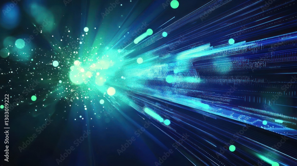 Poster abstract representation of light beams and particles emanating from a central point, creating a dyna