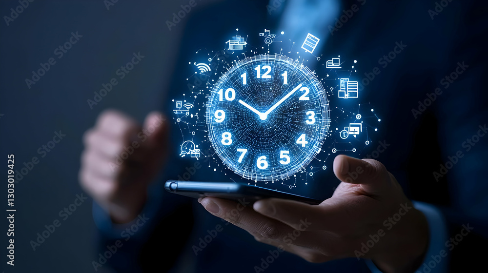Poster digital clock interface displayed on a smartphone in business setting