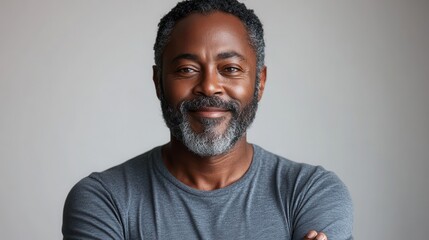 Obraz premium smiling middle aged black man with beard and graying hair arms crossed in gray t shirt on white background