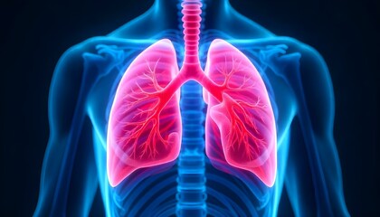 Una ilustración del sistema respiratorio humano, que incluye los pulmones, la caja torácica y la parte superior del torso, representada en un estilo de arte digital centrado en la precisión anatómica 