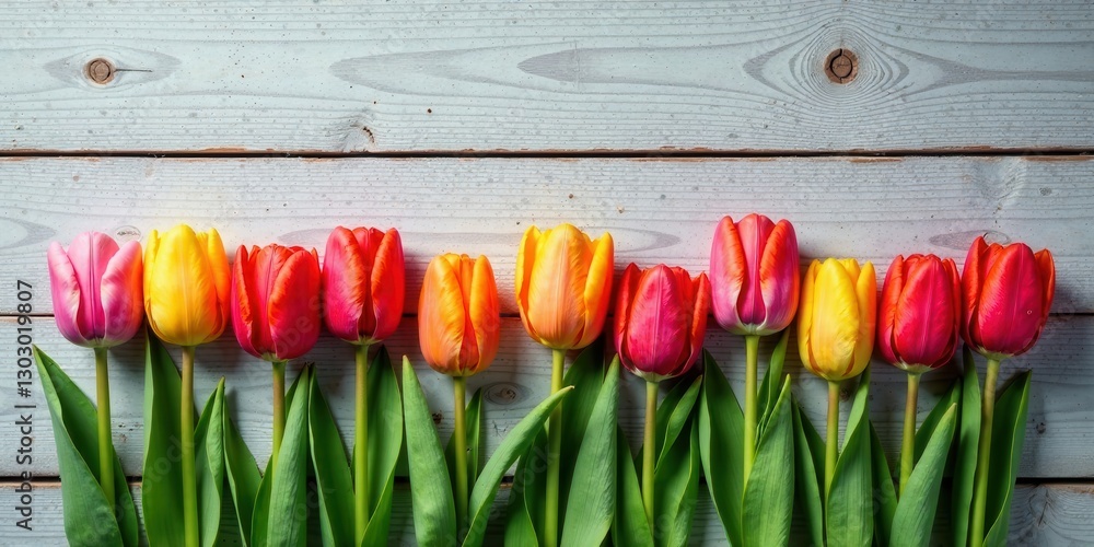 Poster Vibrant Spring Tulips Arranged on Rustic Wooden Background Displaying a Row of Colorful Blossoms