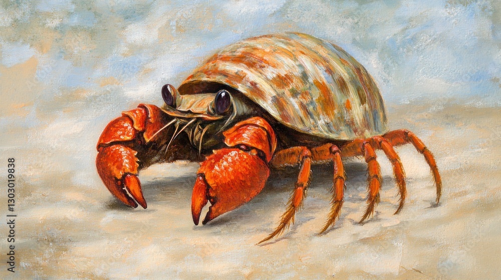 Poster a colorful hermit crab with a patterned shell on a sandy surface.
