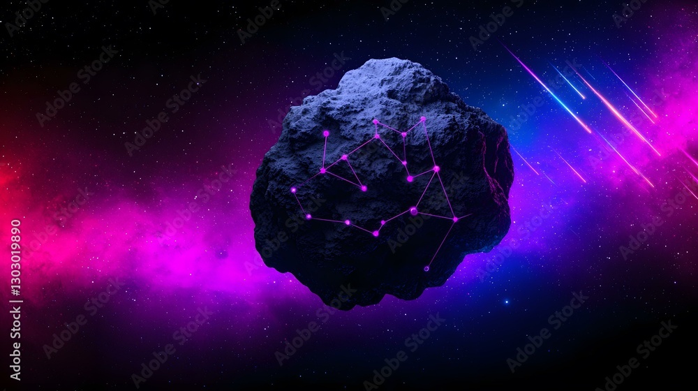 Poster a dark asteroid with glowing pink lines connecting points on its surface is shown against a backdrop