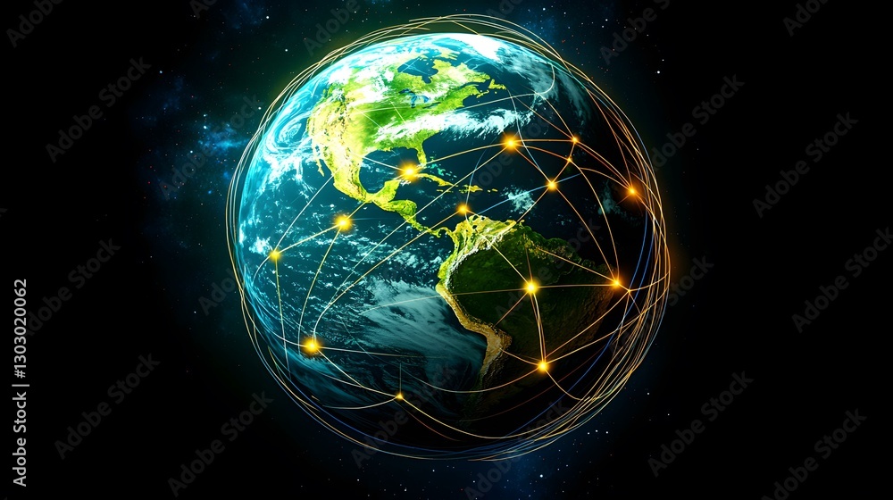 Poster the image shows a stylized earth with glowing lines connecting various points across its surface, se