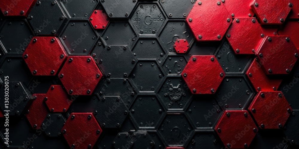 Poster abstract hexagonal metallic panel background with crimson and obsidian accents