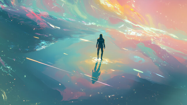 Person standing outdoors at sunset with sky, clouds, reflection, silhouette, and nature in a dream adventure scene